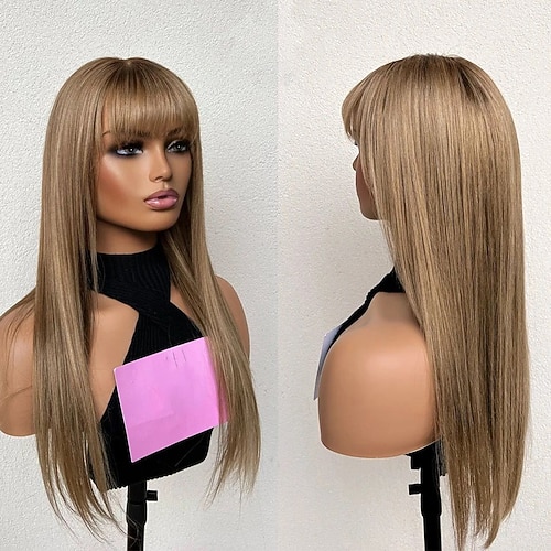 Remy Menschenhaar 5x5 Verschluss 13x4 Spitzenfront Perücke Mit Pony Brasilianisches Haar Glatt Braun Perücke 130% 150% Haardichte mit Babyhaar Natürlicher Haaransatz Leimlos Vorgerupft Für Damen Lang Image