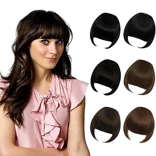 Pony-Haarclip zum Einclipsen, synthetische Haarverlängerungen, vorderer Pony, französischer Pony mit Schläfen, Haarteil für Frauen, gebogener Pony Image