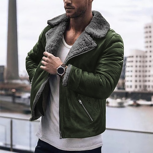 Herren Lederjacke Kunstlederjacke Fleecejacke Sherpa-Jacke Täglich Urlaub warm Tasche Vlies Herbst Winter Glatt Modisch Strassenmode Kargen Standard Schwarz Braun Grün Jacken