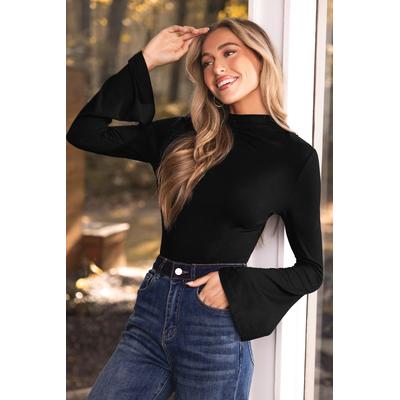 Black Mockneck Flared Long Sleeve Bodysuit