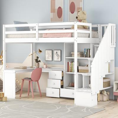 Durable Twin Size Wooden Loft Kids Bed with L-Shaped Desk and Drawers,Cabinet and Storage Staircase