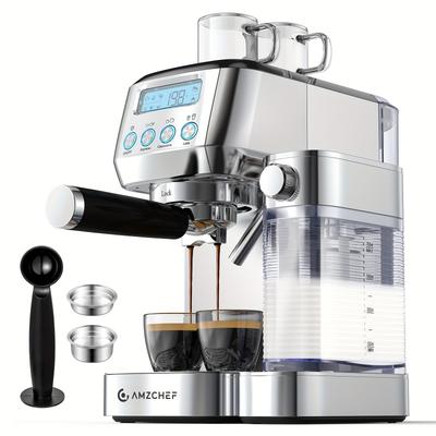 TEMU Amzchef Espresso Machine With Lcd Display, 20-bar Cappuccino Machine With Automatic Milk Frother, Suitable For Home Gifts, Latte Machine With Double Wall And Ese Filter, Stainless Steel