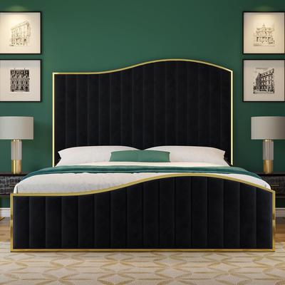 TEMU Velvet Upholstered Platform Bed With Gold Trim, 61.4