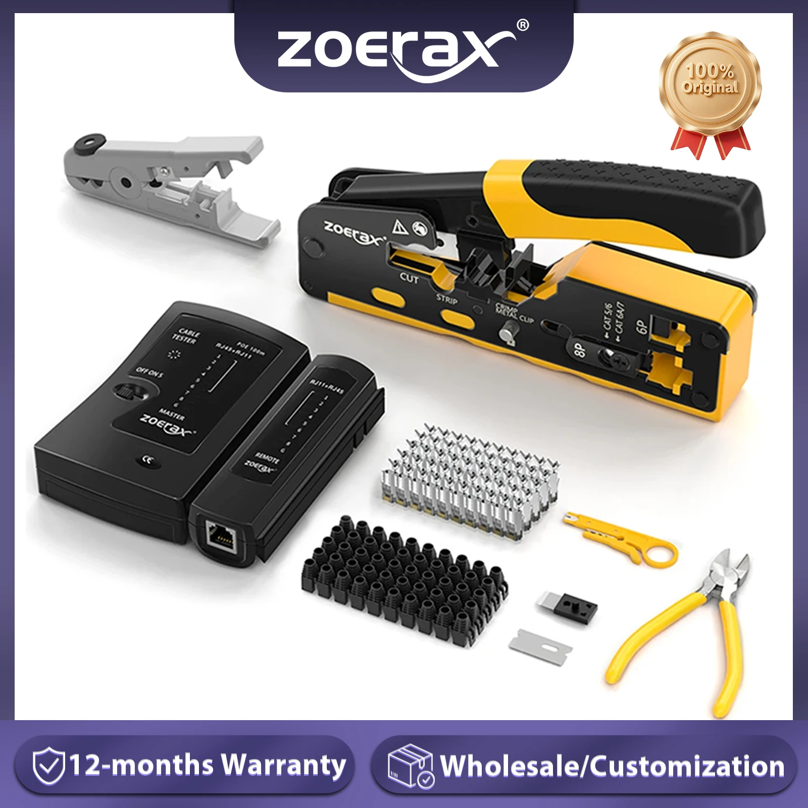 ZoeRax RJ45 Crimper Tool Kit für CAT7 CAT6A Ethernet Kabel Tester Drahtschneider 50 Stück Cat7 Anschlüsse und Zugentlastungsstiefel Image