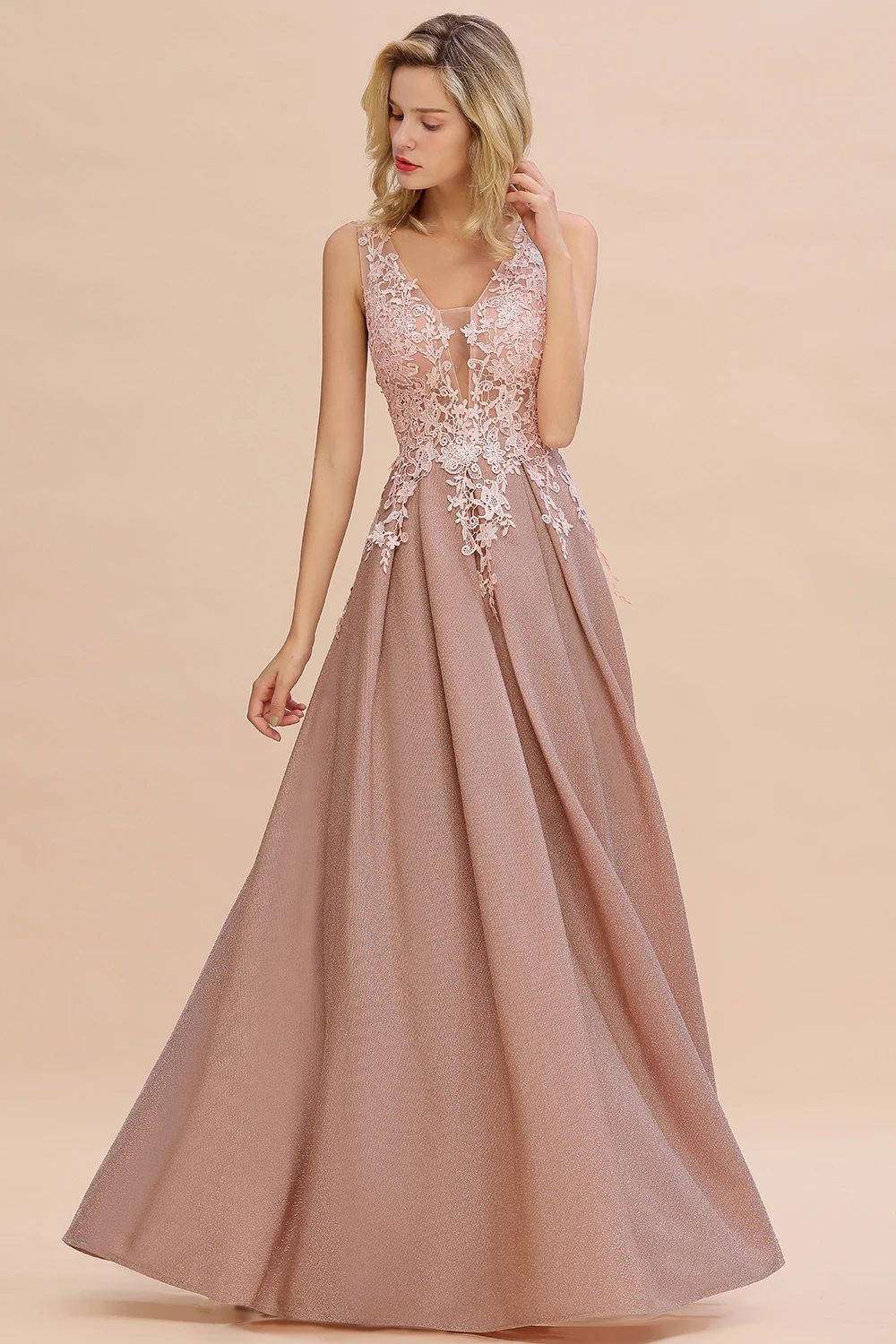 STEPHANIE Spitzenapplikationen, lange Brautjungfernkleider für Damen, Party, elegant, staubiges Rosa, V-Ausschnitt, A-Linie, Maxi, bodenlanges Abendkleid Image