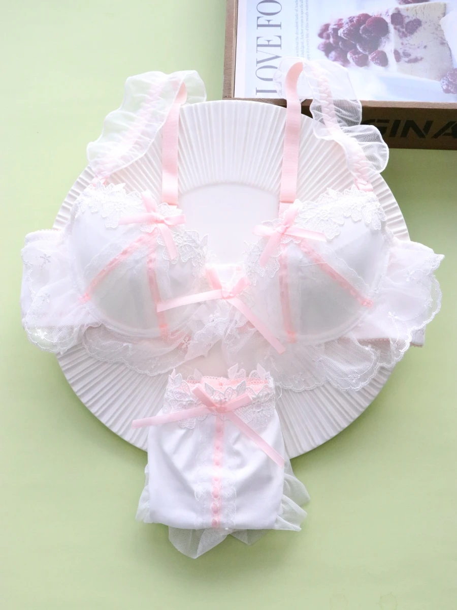 Süßes und schönes Mädchen-Unterwäsche-Set, sexy Spitzen-BH, kleine Brüste, geraffte Dessous-Slips, Anzug für Damen, dünner Abschnitt, großer BH Image