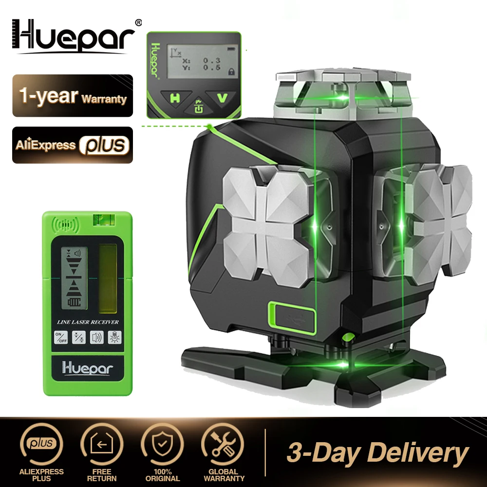 Huepar S04CG-5RG 4D Green Beam Cross Line Laser Level Set mit Detektor, Bluetooth, Fernbedienung, Halterung und Hartschalenkoffer-Werkzeugsatz Image