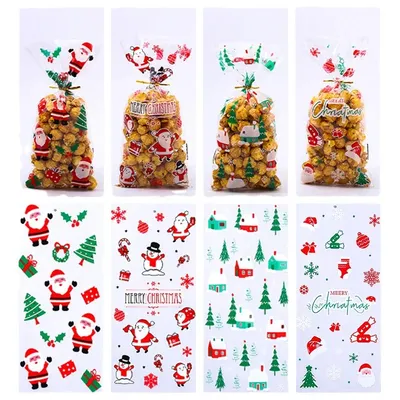 50/100pcs Christmas candy drawstring bag opp cellophane cookies nuts plastic bags New Year gift wrapping bags free gift ties