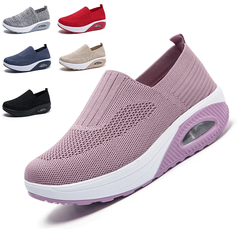 Schwarze atmungsaktive Frauen Wanderschuhe lässig Slip auf Luftkissen Schuhe bequeme Damen vulkan isierte Schuhe dicke Sohle Größe 35-42