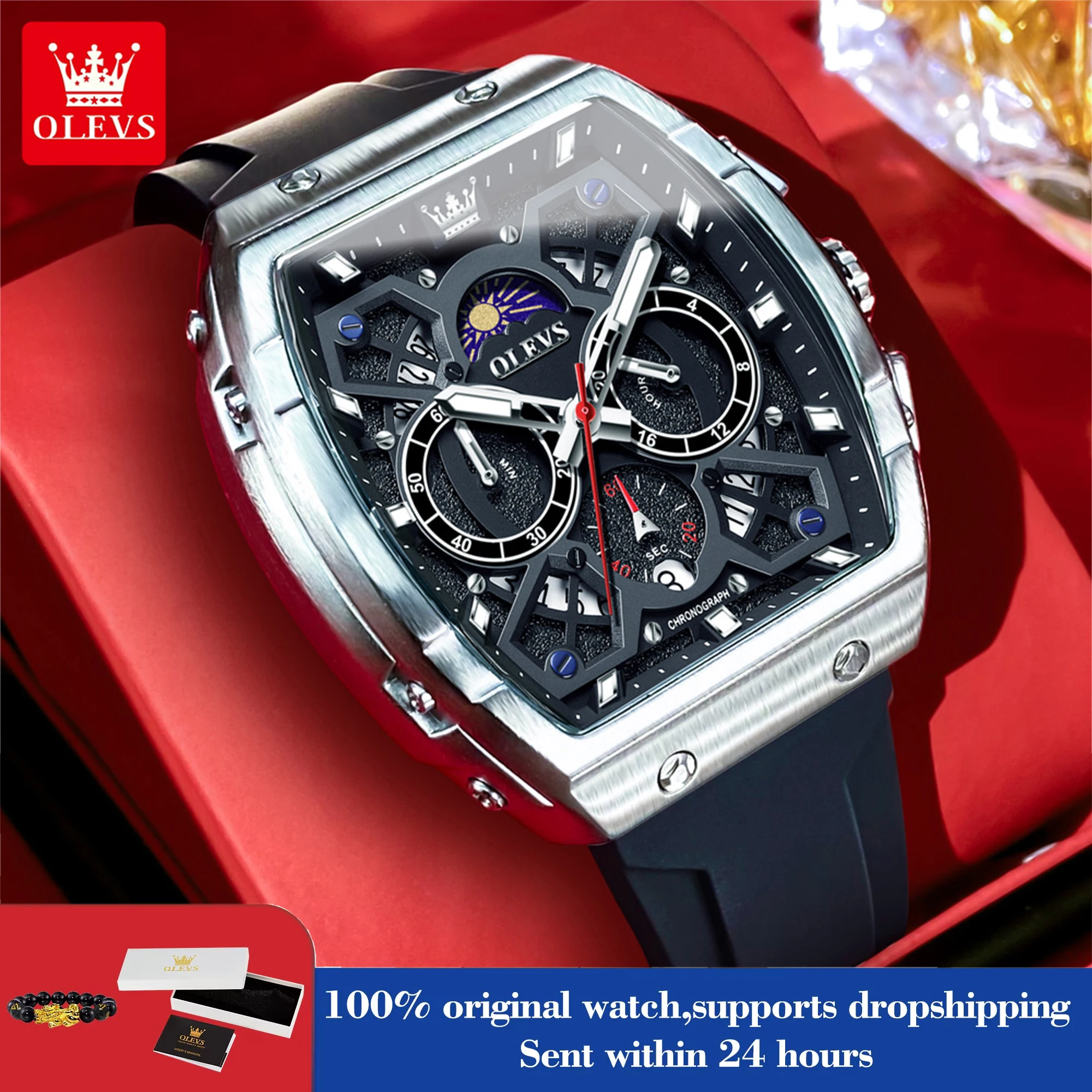 OLEVS 2942 Luxus Chronograph Quarzuhr Für Männer 44mm Große Zifferblatt Mond Phase Hand Uhr Datum Wasserdicht Original mode Uhren Image
