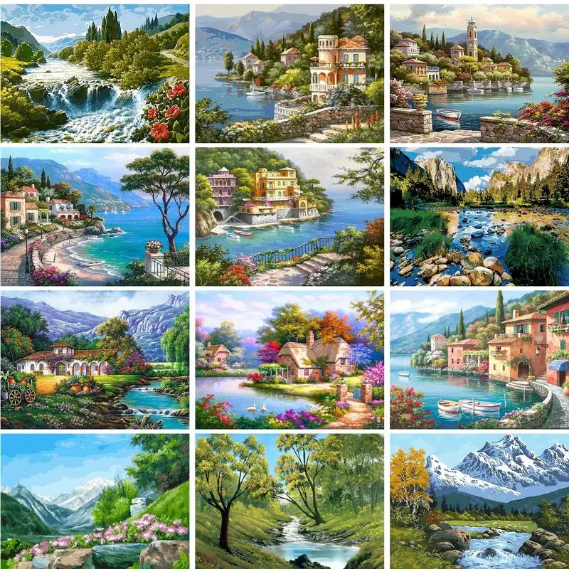 GATYZTORY Modernes Malen nach Zahlen, Wald Hafenlandschaft, Malen nach Zahlen, Kunsthandwerk, Heimdekorationen für Erwachsene auf Leinwand Image