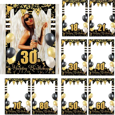 Black Gold Glitter 18 21 30 40 50 60 70 80th Birthday Party Photo Booth Props for Adults Happy Birthday Party Decorations