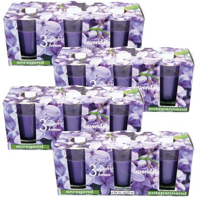 Duftkerzen Classic 12er Pack im Glas, lange Brenndauer und angenehmer Duft ( Lavendel ) - Violett