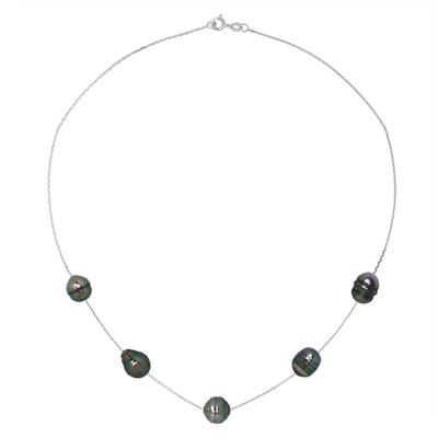 Collier 5 Perles de TAHITI Cerclées 7-8 mm Chaîne Forçat Argent 925