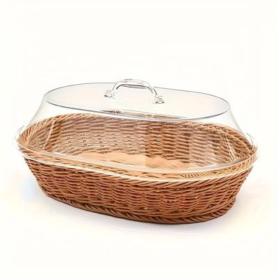 TEMU Faridabio Wicker Bread Basket With Clear Acrylic Lid - Durable, Washable Food Tray For Desserts & Fruits - Kitchen, Picnic, And Home Display Image