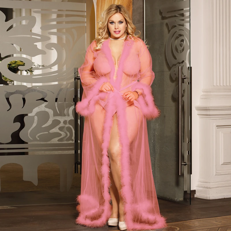 Comeondear Plus Größe Feder Braut Robe Hochzeit Langes Kleid Dessous Brautjungfer Robe Pelz Nachthemd Bademantel Tüll Mutterschaft Kleid Image