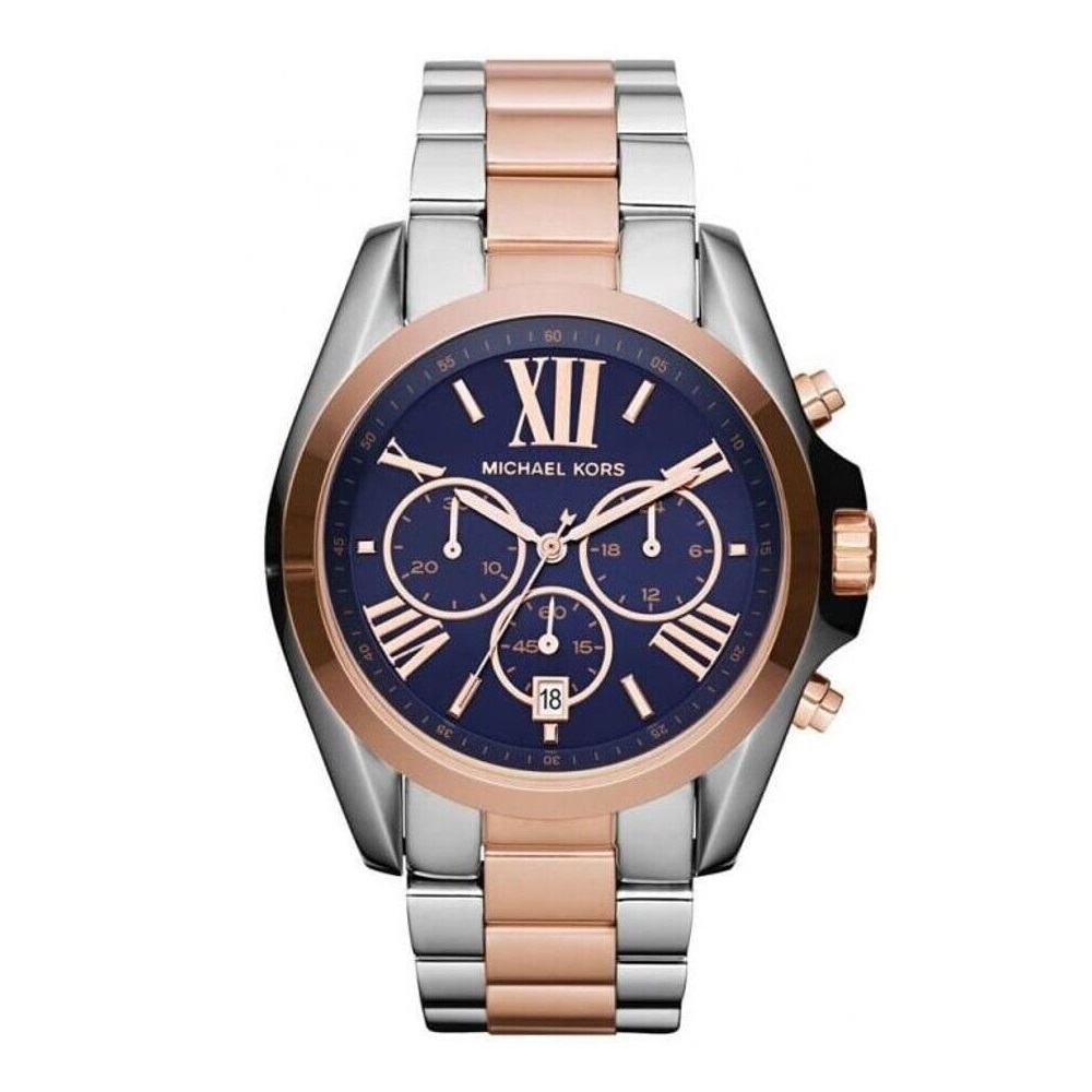 Stylische Damenuhr der Marke Michael Kors in Silber und Gold. Die Uhr hat ein robustes Kabelarmband, das mit einer Faltschließe versehen ist. Der