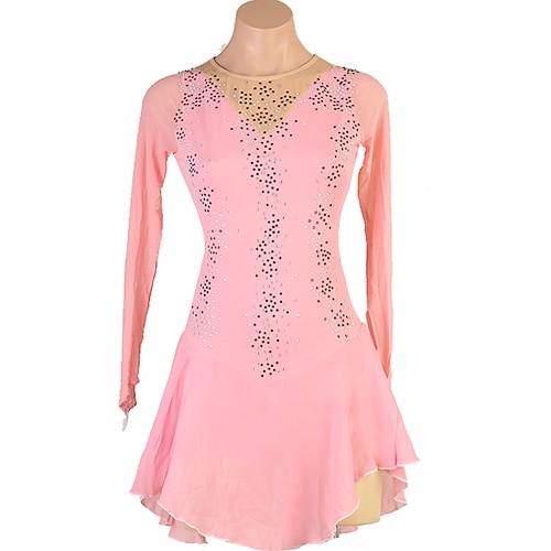 Eiskunstlaufkleid Damen Mädchen Eislaufen Kleider Pudriges Rosa Patchwork Gitter Hochelastisch Ausbildung Wettbewerb Eiskunstlaufkleidung Klassisch Kristalle Langarm Eislaufen Eiskundstlauf Image