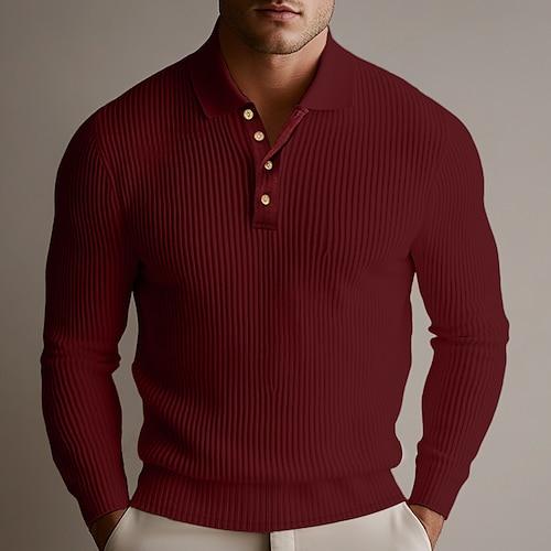 Herren Rippstrick-Oberteil Golf Poloshirts Formal Arbeit Gerippter Polokragen Langarm Warm Basic Feste Farbe Knopf Frühling Herbst Dunkelbraun Wein Rippstrick-Oberteil