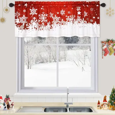 CAROMIO Christmas Kitchen Curtains Valance, Red Velvet Short Curtains for Windows, Floral Snowflake