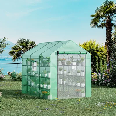 8' X 6' X 7' Greenhouse Warm House with 2-Tier Shelf Steel Frame Pe Cover Green