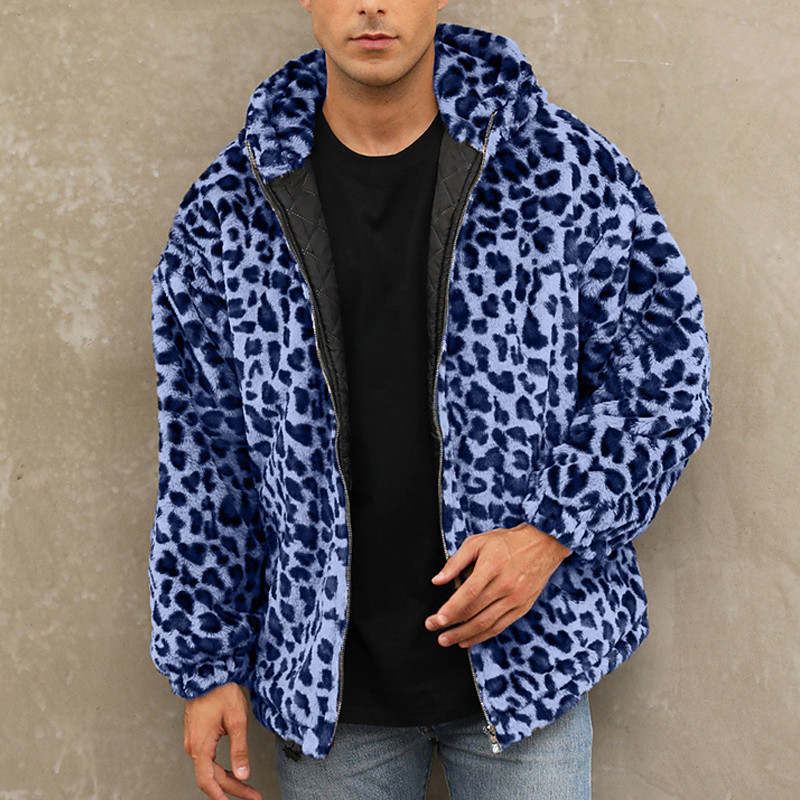 Men's Winter Jacket Fleece Jacket Faux Fur Coat Daily Vacation Thermal Warm Pocket Fleece Fall Winter Leopard Print Fashion Streetwear Hooded Regular Yellow Blue Green Jacket