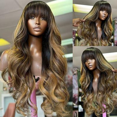 Brazilian Remy Human Hair Highlight 13x4 Lace Front Wig with Bangs Wavy Colored Human Hair Glueless Wigs Pre-Plucked For wigs for women