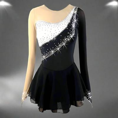 Figure Skating Dress Women's Girls' Ice Skating Dress Black White Patchwork High Elasticity Training Competition Skating Wear Classic Crystal / Rhinestone Long Sleeve Ice Skating Figure Skating