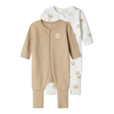 Schlafoverall NAME IT "NBNNIGHTSUIT für Jungen mit süßem Print im 2er-Pack", Baby, Gr. 68, N-Gr, braun (oxford tan), Jersey, Obermaterial: 100% Baumwolle, bedruckt, casual, regular fit, Langarm, Overalls, bedruckt, casual, regular fit, Baumwolle,... Image