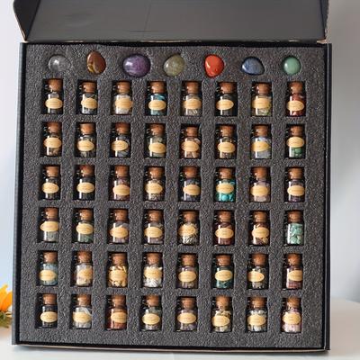 TEMU 55pcs Mini Glass Wish Bottles Gemstones, 7 Chakra Crystal Feng Shui Reiki Tumbled Stones Decoration, Includes Gift Box, Glass Bottles