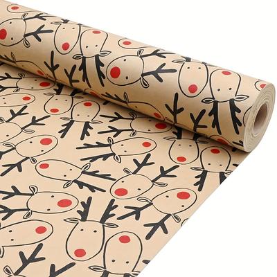 TEMU 49ft Reusable Brown Christmas Wrapping Paper Roll With Festive Elk Design - High-quality Gift Wrap For Holiday Parties, Birthdays, Graduations (17in X 49ft) Image