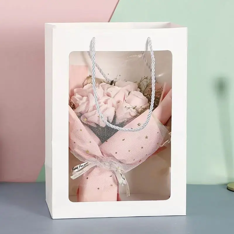 25 × 18 × 13 cm 5 set Borsa da imballaggio regalo con finestra trasparente Confezione regalo Borsa di carta Borsa da imballaggio portatile rosa bianca con manici Articoli vari