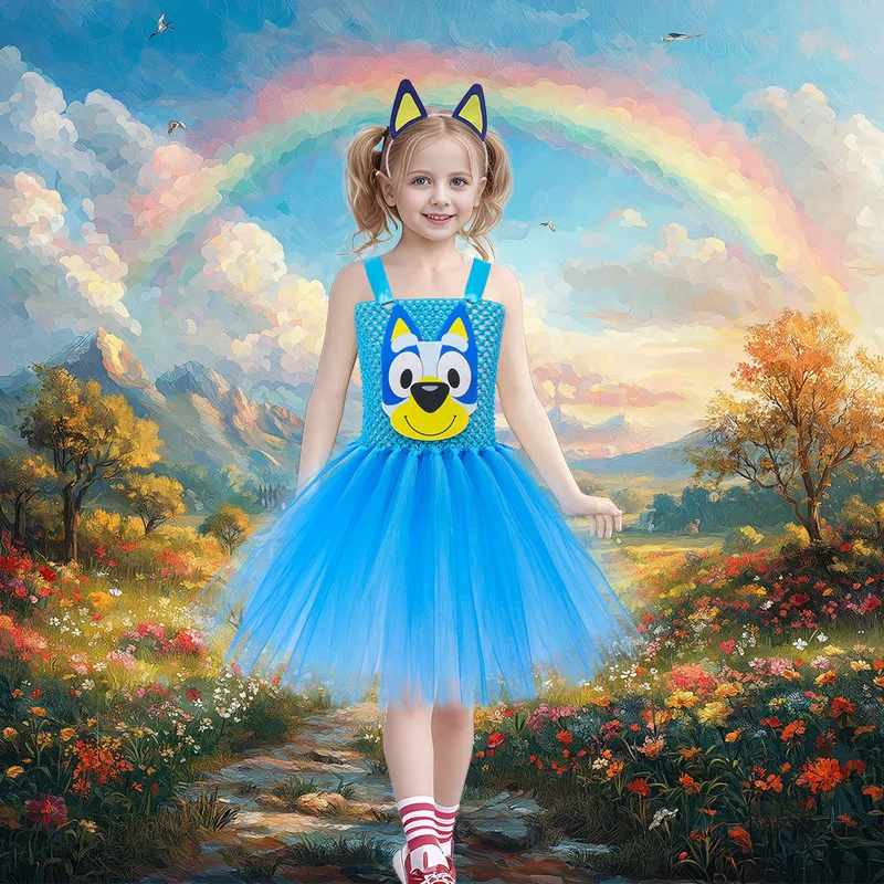Cartoon bluey Prinzessin Kleid Halloween Kinderfest Kostüm bluey Bingo gleichen Welpen Cosplay Kostüm Mesh Rock Geschenke Image