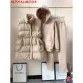 ALPHALMODA-Gilet imbottito da donna con pantaloni con cappuccio con zip, pantaloni sportivi caldi, monocromatici, inverno, nuovo arrivo, 3 pezzi, M-XL