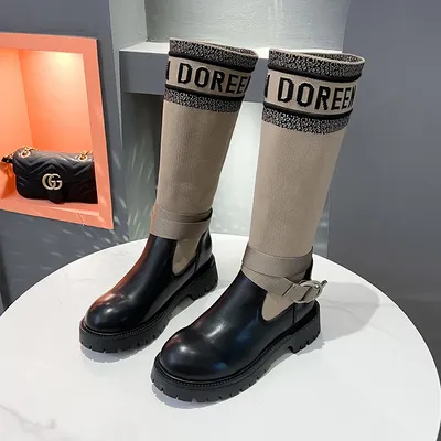 Long Boots Women New Knitted Elastic Boots Retro Thick-soled Women's High Boots Knee-length Boots Elegant Boots and Women shoes