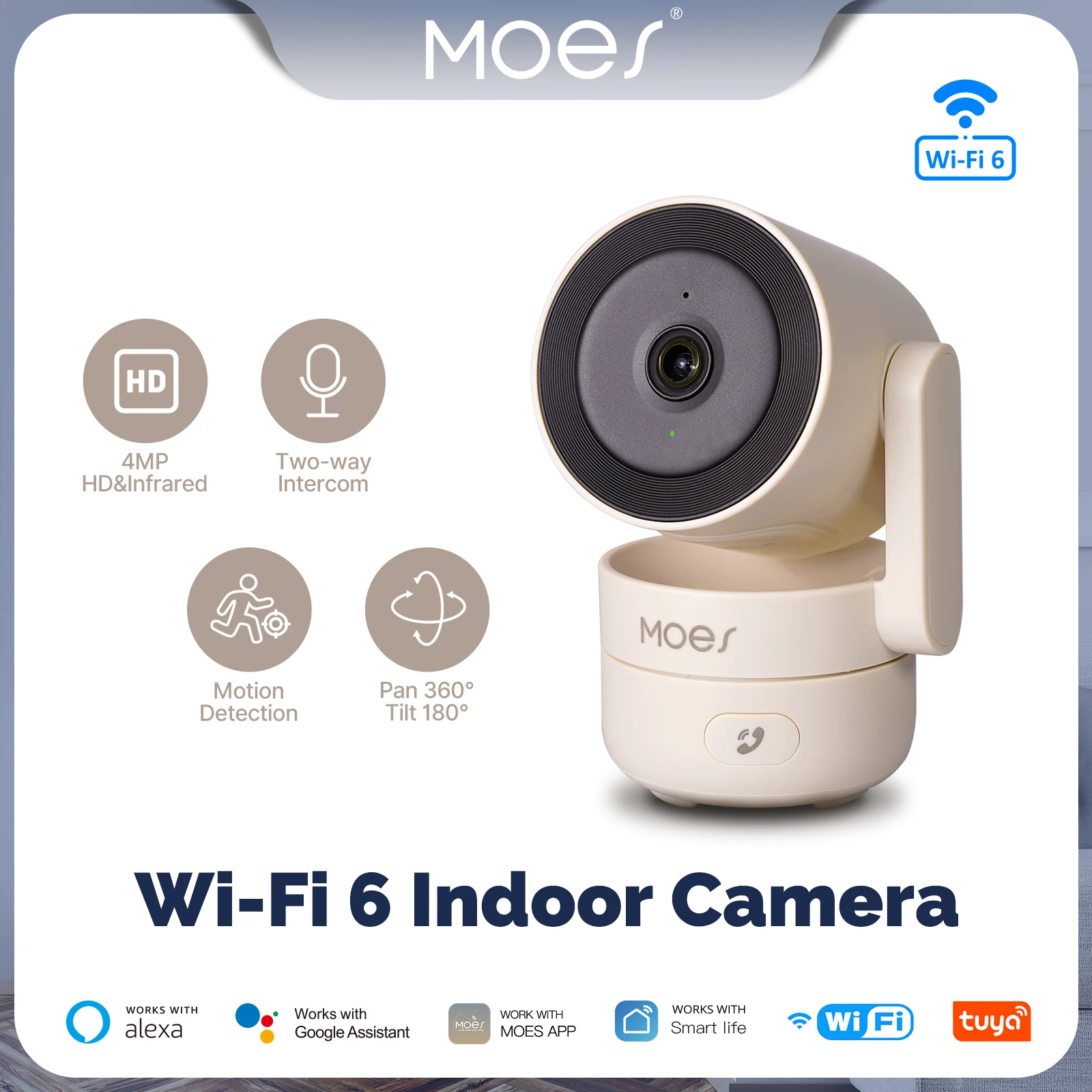 MOES Tuya Wi-Fi 6 Smart Indoor 4 MP HD-Sicherheits-Schwenk-/Neige-Kamera, Bewegungsverfolgung und Geräuscherkennung, Infrarot-Nachtsichtmonitor Image
