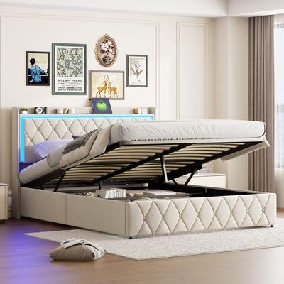 Polsterbett 140 x 200 cm – Samt, Diamant-Kopfteil mit LED-Beleuchtung, Doppelbett mit USB/Tcpy, Image
