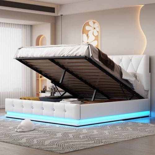 Doppelbett Polsterbett 140x200 cm, hydraulisches Boxspringbett mit LED-Beleuchtung, Stauraum, pu,