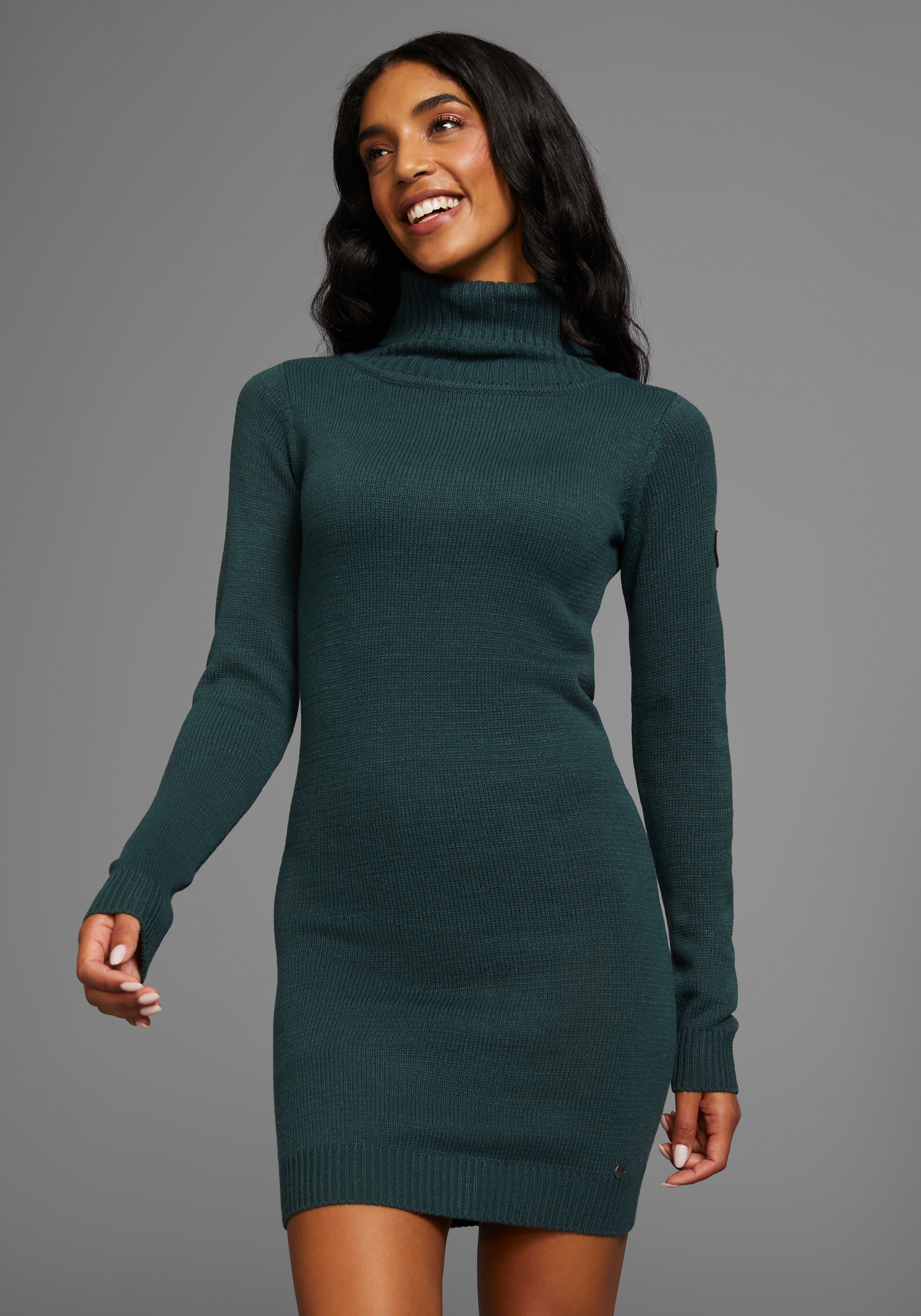 Strickkleid KANGAROOS, Damen, Gr. 50, N-Gr, blau (petrol), Strick, Obermaterial: 60% Baumwolle, 40% Polyacryl, figurbetont mini, Rippbündchen, Kleider, mit Rollkragen Image