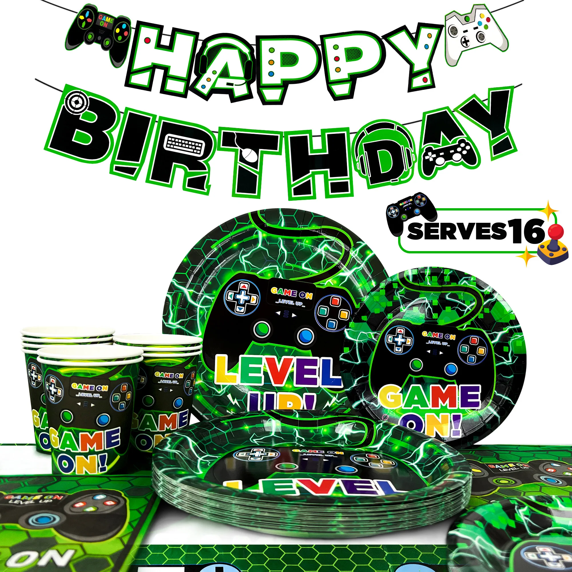 Video Game Party Supplies, 66pcs Tableware Set-Video Game Plates and Napkins,Cups Table Cloth Banner etc for Boys Kids