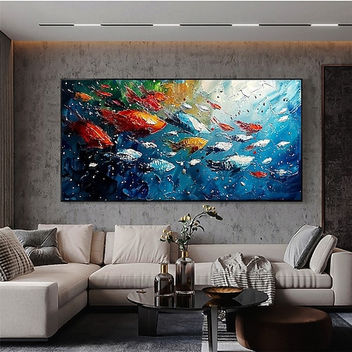 Fisch-Ölgemälde, handgefertigt, blaue Meereswelt, mehrfarbig, tropische Fische, Ölgemälde, moderne Meereslandschaft, Naturölgemälde, Wanddekoration, vertikales Kunstwerk, Unterwasserspektakel-Gemälde Image