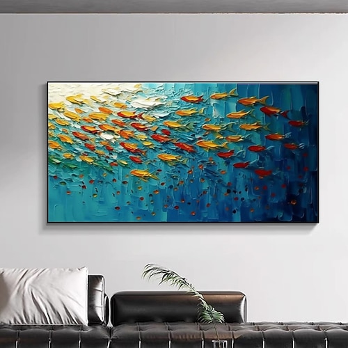 handgemaltes Ölgemälde mit bunten tropischen Fischen aus der blauen Meereswelt, handgemachtes 3D-Ölgemälde mit Fischen, modernes Meereslandschaftsgemälde, Naturdekor, vertikales Kunstwerk, Ölgemälde Image