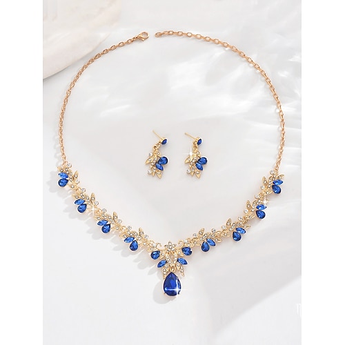 Elegantes Kristall-Halsketten- und Ohrring-Set für Damen – funkelndes Tropfen- und Blätterdesign für Hochzeiten und formelle Anlässe Image