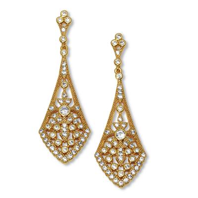 Women's Round Crystal Goldtone Antiqued Drop Earrings, 50x15mm by PalmBeach Jewelry in White (Size ONE SIZE)