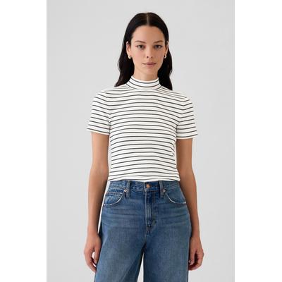 Gap Womens White Stripe Modern Cotton-Modal Ribbed Mock Neck Short Sleeve T-Shirt - White Stripe