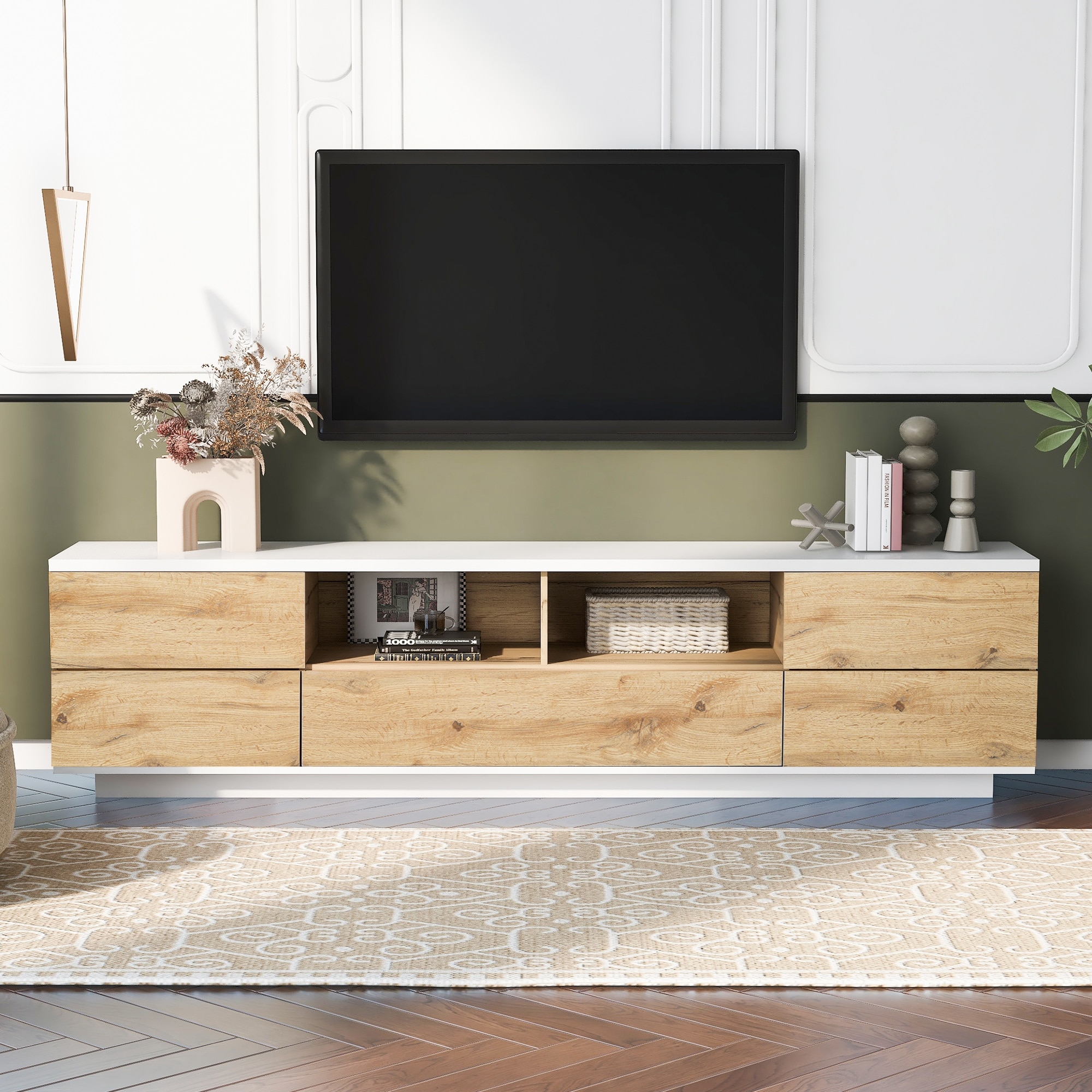 Contemporary TV Cabinet for TVs Up to 80", Multi-Storage Entertainment Center with Door Rebound Device