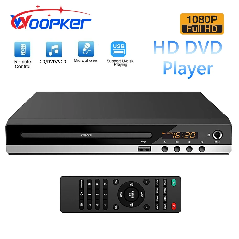 Woopker B29 HD 1080p CD/EVD/VCD DVD-Player mit AV- und HD-Ausgängen, digitaler Heim-Mediaplayer mit USB- und Mikrofonanschlüssen Image