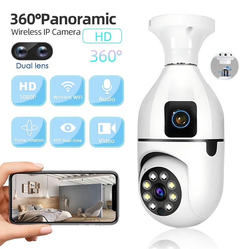 2,4G Glühbirne E27 Überwachungskamera Nachtsicht Indoor Anti-Diebstahl Sicherheit 1080P Dual-Objektiv Rotation Video Monitor WiFi Kamera Image