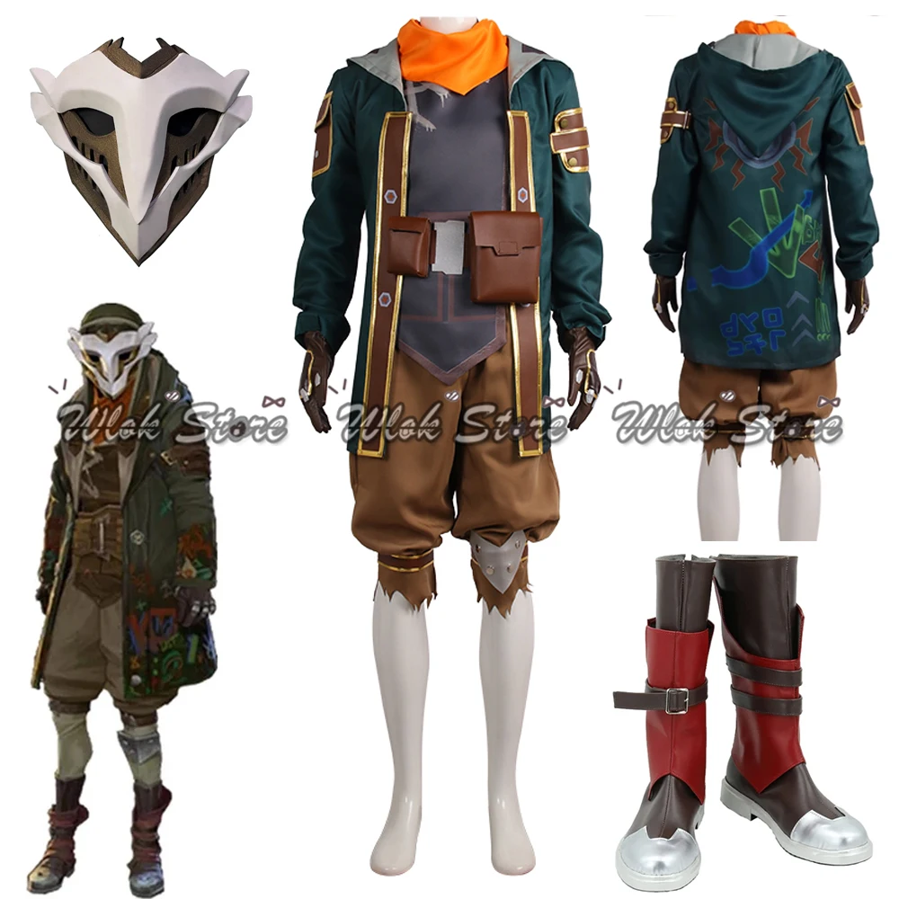 Spiel arcane ekko cosplay Kostüm der Junge, der Zeit Jacke Mantel Uniform Halloween Karneval Outfits Maske Schuhe Männer Frauen zerbrochen Image