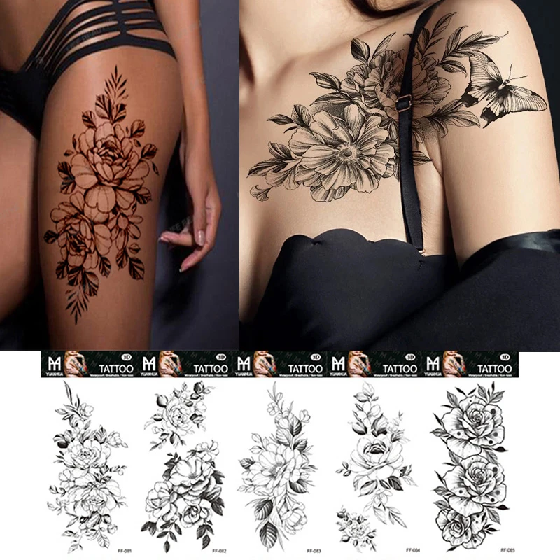 Sexy schwarze große Schlange Blume gefälschte Tattoo Aufkleber für Frauen Punkt Rose Pfingstrose temporäre Tattoos DIY Wasser transfer Tattoos Mädchen